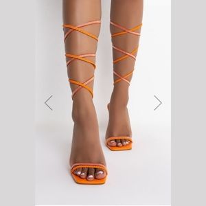 Orange Lace Tie Up Stilletto Heels EUC Size 9